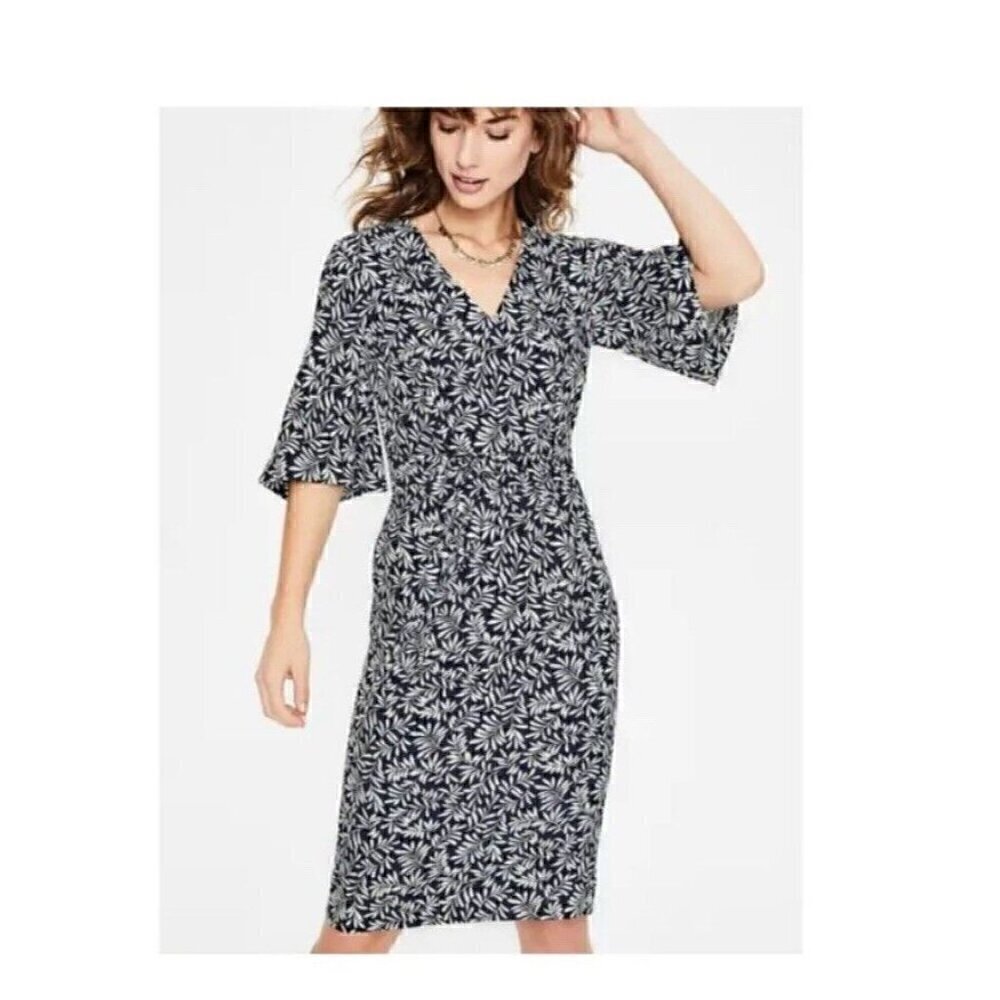 Boden Ines Dress Navy Blue Knee Length Size 6 Flutter Elbow Length Sleeves